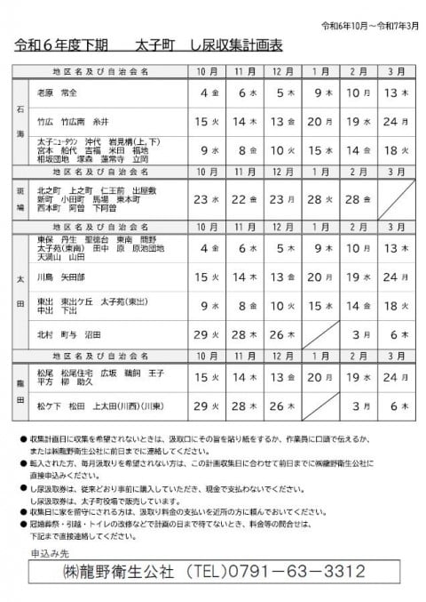 令和6年下期(10～3月)　太子町し尿収集計画表